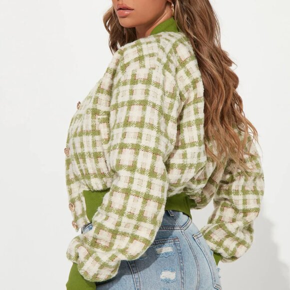 Green Plaid Boucle Bomber Jacket StreetStyle Casual School Fall Winter Spring - Picture 11 of 14